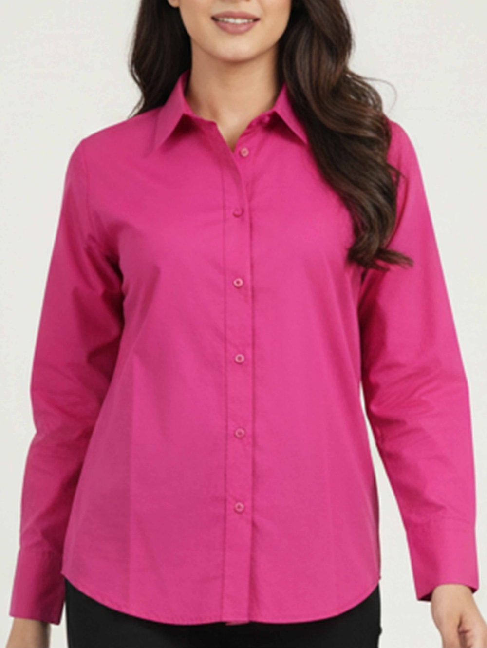 Fuchsia Button-Down Shirt with Black Collar Accent